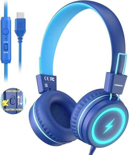 Kid-Friendly USB Type C Headphones with LED Lights – Safe Volume Limiter (85 d B/94 d B) for School Use, Foldable On-Ear Design for Comfort and Portability, Integrated Microphone for Learning and Gaming Fun – Perfect for i Pad and More