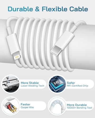 Rapid Charge 20 W USB-C i Phone Charger with 6 ft Cord – MFi Certified Power Block for i Phone 14/13/12/11/X & i Pad – 3-Pack for Ultimate Convenience and Versatility – Enhanced Durability & Fast Charging Performance