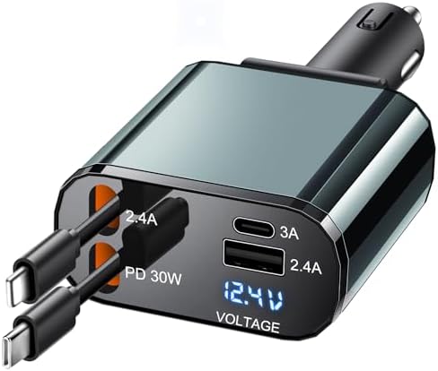 TICCI 60 W Retractable Car Charger: 4-in-1 Fast Charging Solution for i Phone 16-12, USB-C & Android Devices – Ultimate Convenience with Tangle-Free Design and Enhanced Compatibility for Road Trips and Daily Commutes
