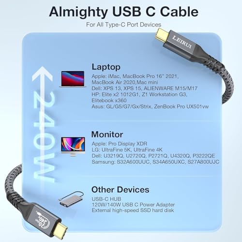 Ultra-Fast 240 W USB C to USB C Charging & Data Transfer Cable – Experience 20 Gbps Speed and 4 K Video Output for Seamless Connectivity with Samsung Galaxy, Mac Book Pro/Air, and i Pad Mini – Perfect for Professionals and Everyday Users Seeking Efficiency and Durability