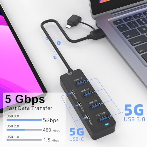 Maximize Your Connectivity with the 7-Port USB 3.0 Hub – High-Speed Multiport Adapter for Thunderbolt 3/4 | Long USB-C Cable for Effortless Access | Ideal for Mac Book, i Mac & Surface Pro | Compact, Travel-Friendly Design for Home & Office Use