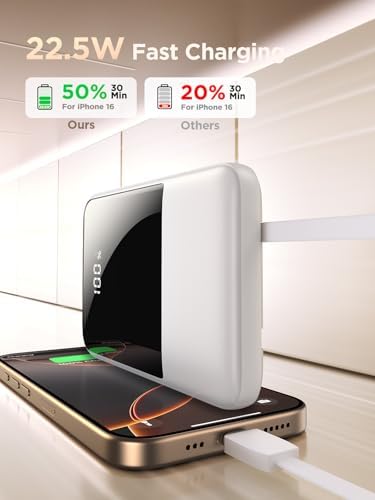 Aioneus 10000 m Ah Portable Charger with Dual Built-in Cables – High-Speed 22.5 W USB-C Power Bank for i Phone 16/15 and Samsung Galaxy S24/S10 e – All-in-One Travel Battery Pack with Intelligent LED Display and Automatic Power Off for Enhanced Device Safety and Compatibility