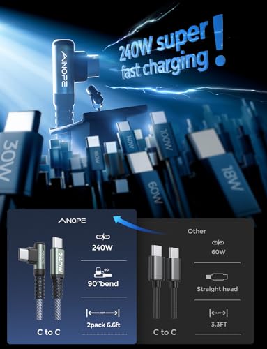 Optimize your charging setup with the AINOPE 240 W USB C to USB C Cable, a 6-foot powerhouse engineered for ultimate speed and flexibility. Featuring a right-angle connector, this fast charging cable is perfect for gaming or multitasking without the clutter of tangled cords. Compatible with the latest devices, including i Phone 16 Pro Max, i Phone 15, Mac Book Air/Pro, i Pad Pro, Samsung Galaxy, and Pixel, it delivers an impressive 240 W power output for rapid charging. The dual-pack offers exceptional value, ensuring you have a reliable charging solution wherever you go. Built with premium materials for durability, the sleek grey and blue design enhances your tech aesthetic while providing long-lasting performance. Elevate your device charging experience with this versatile cable, designed for both home and office use, while ensuring seamless connectivity across all your electronics.