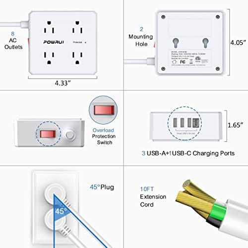Maximize Your Power Management with a 6 Ft Surge Protector Power Strip – 8 Outlet Extension Cord Featuring 4 Fast USB Charging Ports (1 USB-C), Ideal for Home Office Convenience and Safety, ETL Listed for Enhanced Surge Protection and Compatibility