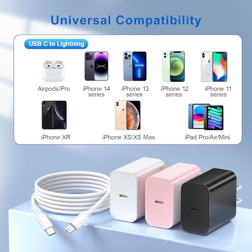 MFi Certified 20 W Fast Charger Bundle for i Phone 14, 13, 12, 11 – 3 Pack USB-C Charger Blocks with 3 FT, 6 FT, & 10 FT Lightning Cables – Ultimate Compatibility & Rapid Charging Solution for i Phone Models Including Pro, Pro Max, Xs, Xr – Portable & Durable Design for Home, Office, & Travel