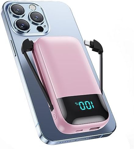 Ultra-Compact 13800 m Ah Portable Charger with Built-in Cables – PD Fast Charging Power Bank for i Phone 15/14/13/12 & Android Devices – 4 Outputs with LCD Display – Perfect for Travel & Outdoor Adventures – Sleek Purple Design for Enhanced Portability and Style