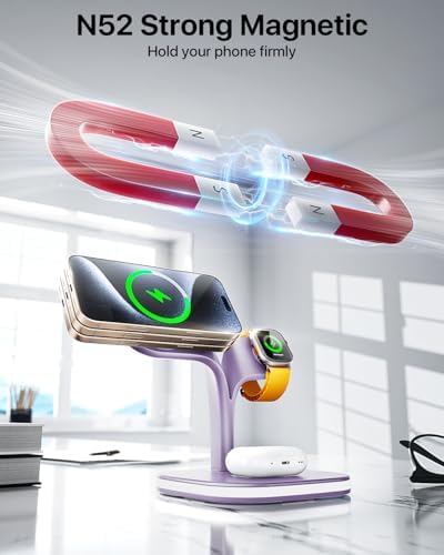 Revolutionary EXW Multi-Device Wireless Charging Hub: High-Performance Mag Safe Charger for i Phone 16/15/14/13/12, Apple Watch Series 1-9, and Air Pods – Sleek Black Finish with LED Charging Indicator & Complimentary Adapter for Effortless Device Management