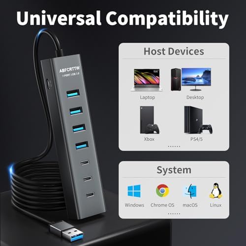 Upgrade Your Workspace with the 4 Ft 7-Port USB 3.0 Hub – High-Speed USB-A & USB-C Connectivity for Efficient 5 Gbps Data Transfers, Sleek Aluminum Build, and Extended Reach Perfect for PCs, Flash Drives, and More – Ultimate Compatibility for Windows and XPS Systems