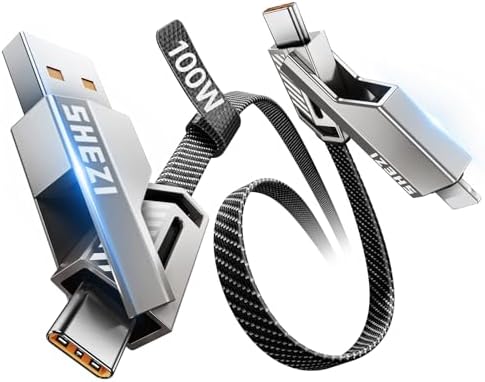 Versatile 4-in-1 USB C Charging Cable – 100 W Fast Charge, 5 FT Durable Nylon Braided Cord for i Phone & i Pad – Multi-Compatible with L, Type C, USB A Ports – SHEZI Series Grey Cable for Seamless Data Sync (480 Mbps) and Tangle-Free Convenience