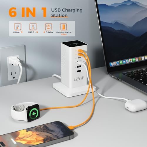 TESSAN 30 W 9-in-1 Multi-Device Charging Station with Surge Protection – Ultimate Charger Block for i Phone 16/15/14/13, Tablets, and Earphones – 5 ft Flat Extension Cord with 4 USB A & 2 USB C Ports – Compact Design for Home, Office, or Dorm – Enhanced Safety and Efficiency