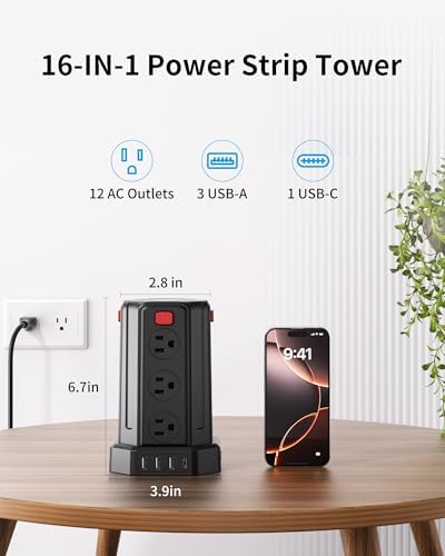 SMALLRT Power Tower Surge Protector – 10 Ft Extension Cord with 12 AC Outlets & 4 USB Ports (1 USB-C) – Ultimate Charging Station for Home & Office – Enhanced Device Compatibility & Safety