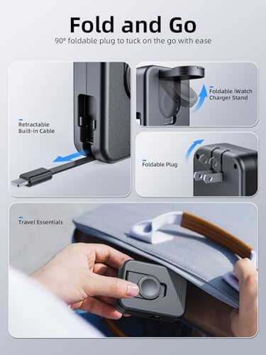 Compact 2-in-1 Apple Watch and i Phone Charger Block with Retractable Cable – Travel-Friendly Wall Adapter for Enhanced Efficiency and Compatibility – Fast Charging Power Solution in Sleek Black Design