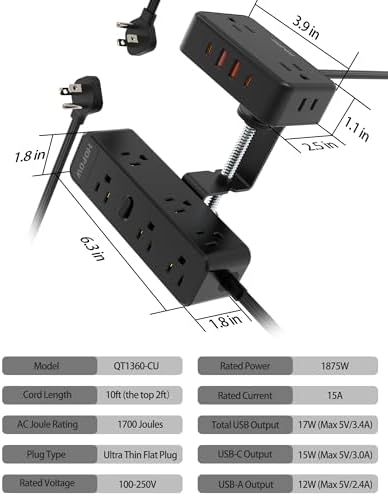 15 FT Under Desk Surge Protector Power Strip with 13 Outlets & 4 Fast Charging USB Ports – Dual Layer Desktop Clamp Charging Station for Home & Office – Enhanced Safety with 1700 Joules and Flexible Extension Cord