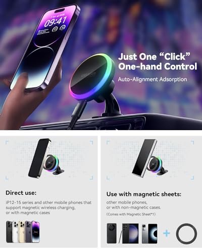 ESSAGER 15 W Magnetic Wireless Car Charger for i Phone 16/15/14/13/12 Pro Max – Fast, Secure Magsafe Charging Mount for Dash and Air Vent – Innovative Magnetic Phone Holder for Effortless On-the-Go Power Solutions
