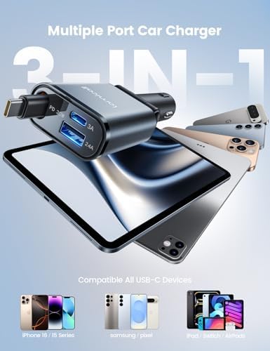Ultra-Compact Lamicall Retractable Car Charger – 57 W USB-C Fast Charging for i Phone 16, Galaxy S25, Pixel Android | Space-Saving Design with Enhanced Compatibility & Safety Features for Quick On-the-Go Charging