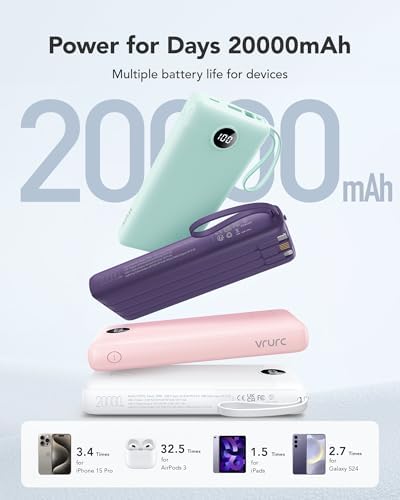 Ultimate 20000 m Ah VRURC Portable Charger with Built-in Cables – Fast Charging Power Bank for Travel, PD & QC 3.0 Compatible, 4 Output Ports & Dual Input, Ideal for i Phone, Samsung, Android Devices – Compact & Durable Battery Pack for On-the-Go Power