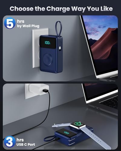 Versatile 4-in-1 Travel Charger with Integrated Wall Plug & USB-C Cables – 10800 m Ah Power Bank Featuring Magnetic Apple Watch Charging, QC4.0 & PD 25 W Fast Charging – Compact Solution for i Phone 16/15, Android Devices & More – Enhanced Portability & Smart Safety Features for On-the-Go Power