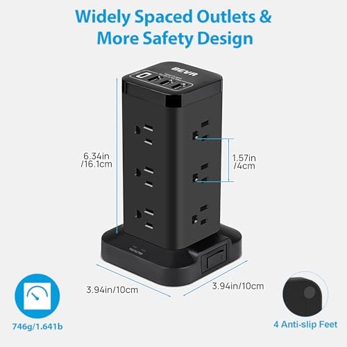 Maximize Workspace Efficiency with the BEVA Surge Protector Power Strip Tower – 12 AC Outlets & 4 Fast-Charging USB Ports, 6.5 FT Extension Cord for Optimal Device Organization and Safety in Office and Home Settings