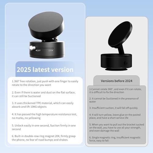 Vacuum Magnetic Phone Stand for Car Mount,【360°Rotatable】Suction Cup Cell Phone Holder for Women Men iPhone Samsung Huawei【Waterproof】Foldable Phone Mount for Car Accessories/Shower/Desk/Mirror (Grey) – Enhanced Compatibility and Speed