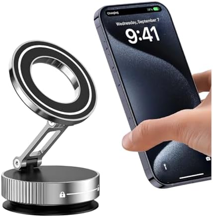 Car Vacuum Magnetic Phone Holder, Suction Cup Foldable Vehicle Smartphones Mount, 360° Rotatable Adjustable Automotive Cellphone Stand Accessories, Universal for SUV, Sedan, Truck (Silver) – Enhanced Compatibility and Speed