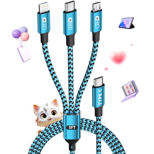100W USB C Multi Charging Cable,3 in 1 USB C Cable Fast Charging with E-Mark Chip,Universal Charging Cable with Type-C, Micro USB,IP Port for iPhone16/15/Cell Phones and More – Enhanced Compatibility and Speed
