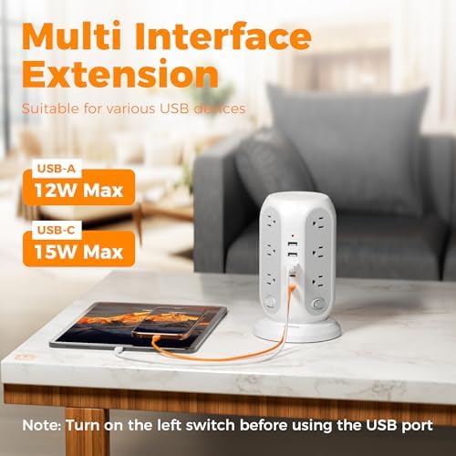 TESSAN Tower Power Strip Surge Protector – 12 Outlets with Individual Switches, 5 Fast-Charging USB Ports (2 USB-C), 10 Ft Flat Extension Cord with Discreet Plug Design – Ideal Multi-Device Charging Station for Office and Dorm Use