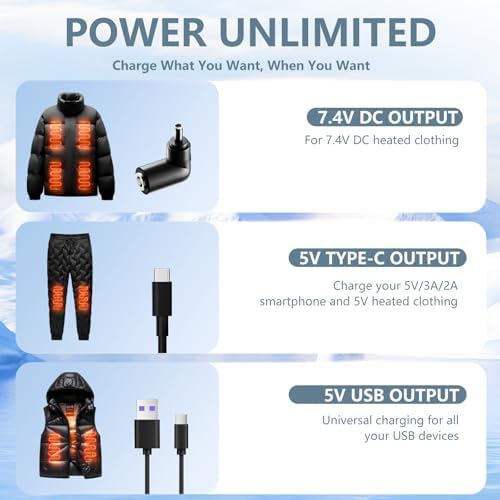 12000 m Ah Heated Vest Battery Pack – Versatile Power Bank for Heated Apparel with DC/USB/Type-C Outputs and LED Indicator – Ultimate Compatibility for Jackets, Pants, and Blankets – Stay Warm and Charged Anywhere