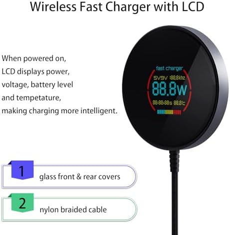 Enhance Your Charging Experience with the Premium 15 W Mag Safe Wireless Charger – LCD Display, Magnetic Fast Charging Pad for i Phone 12-16 Series, Sleek Glass Design, USB-C Port, Perfect for On-the-Go Power Solutions