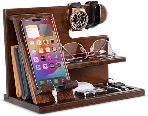 TESLYAR Wood Phone Docking Station for Men – Desktop or Nightstand Organizer – Birthday Gifts for Men, Dad – Anniversary Idea from Wife – Key Holder, Stand Wallet, Watch & Essentials (Antique Brown) – Enhanced Compatibility and Speed