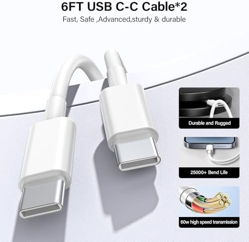 Rapid Charge Dual-Port 20 W USB-C Power Adapter & 6 FT Cable for i Phone 16/15, S24, S23 – Efficient Fast Charging Solution for Home & On-the-Go Use – Sleek White Design with Enhanced Compatibility and Durability
