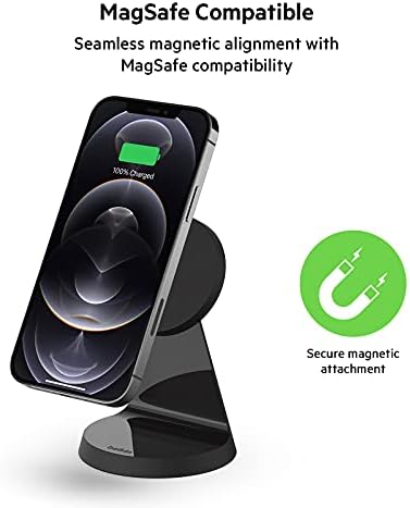 Belkin Magnetic Wireless Charging Stand – Ultra-Fast Mag Safe Charger for i Phone 12, 13, and 14 – Effortless Magnetic Alignment & Integrated Power Supply – Stylish White Design for Modern Environments – Streamlined Wireless Charging Solution for Enhanced User Experience and Aesthetic Appeal