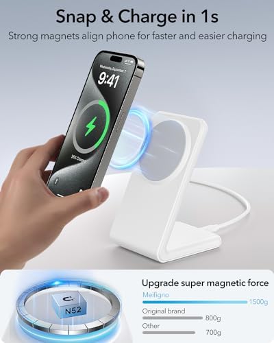 Meifigno Dual Pack Mag Safe-Compatible Fast Wireless Charger Stand with 20 W USB-C Block & 2 USB-C Cables – Premium Charging Solution for i Phone 16 Pro Max, 15, 14, 13, 12 & Air Pods 4/3/Pro – Sleek Design for Efficient Device Powering and Enhanced Compatibility