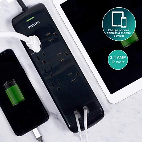 Philips EZFit Surge Protector with 3 Outlet Power Strip and 6 ft Braided Cord – Enhanced Charging Station Featuring 2 USB-A and 1 USB-C, 490 Joules of Surge Protection, Space-Saving Design in Sleek White for Home and Office Use