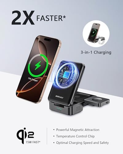 Next-Gen Qi2 15 W 3-in-1 Magnetic Wireless Charger for Apple Devices – Ultra-Fast Charging Station for i Phone 16/15/14/13/12, Apple Watch, and Air Pods – Compact, Foldable, and Lightweight Design for Travel – Includes 45 W USB-C Power Adapter and Type-C Cable – Effortlessly Eliminate Cable Clutter with Enhanced Compatibility and Speed