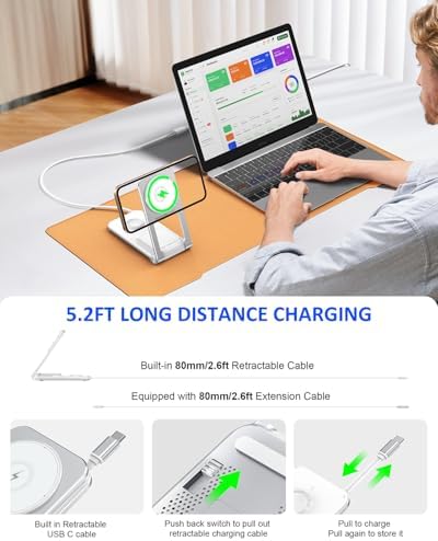 Ultimate 3-in-1 Magnetic Wireless Charging Station with Retractable Cable – Fast 15 W Charger for i Phone 16, 15, 14, 13, 12, Apple Watch & Air Pods – Portable Foldable Design with 20 W Adapter for Home, Office & Travel – Enhanced Safety Features & Cable Management Solutions