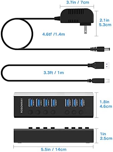 Elevate Your Connectivity with the Rosonway 7-Port Powered USB Hub – Ultra-Fast 10 Gbps Data Transfer, Dual USB-C 3.2 & Four USB 3.0 Ports, Individual Switches for Custom Control, Sleek Aluminum Design, Perfect for Laptops and PCs – RSH-A107 C, Maximize Productivity Effortlessly