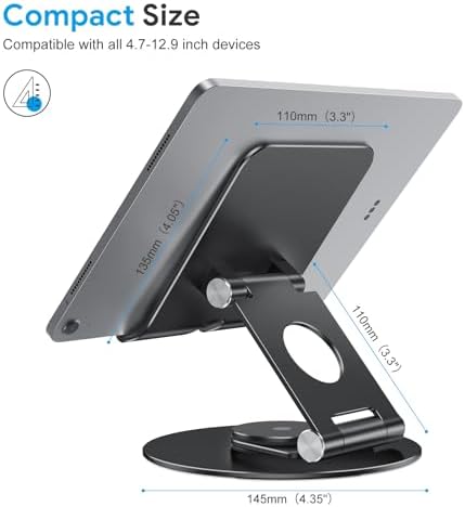 OMOTON 360-Degree Rotating Tablet Stand – Adjustable and Foldable i Pad Holder for Ultimate Versatility in Drawing and Viewing – Compatible with i Pad Pro, Air, Mini, and More – Modern Silver Design for Enhanced Workspace Aesthetics and Productivity