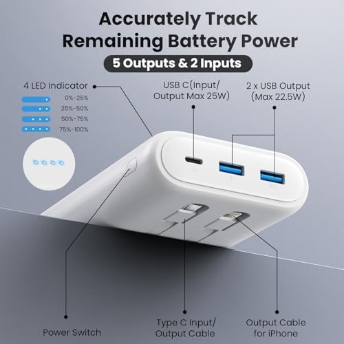 Ultra-High Capacity 40,800 m Ah Power Bank with 25 W Fast Charging – Dual Built-in Cables & 5 Outputs for Quick Device Charging – Compatible with i Phone 16/15 & Android – Sleek Blue Portable Charger for On-the-Go Power Solutions