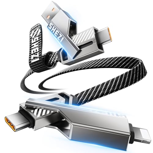SHEZI 4-in-1 Fast Charging USB C Cable – 60 W Power Delivery with Lightning, USB C, and USB A Ports – 5 FT Durable Flat Nylon Braided Cord – Stylish Pink Design for i Phone, i Pad, and More – High-Speed 480 Mbps Data Transfer Solution for All Your Devices