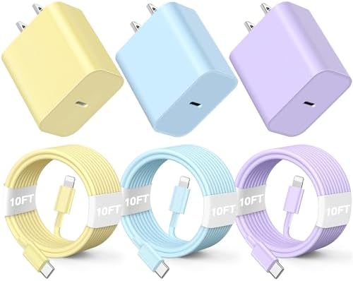 10 FT Lightning Cable 3-Pack – Vibrant Colors with 20 W Fast Charging for i Phone 14/13/12 Pro Max/Xs Max/XR & Air Pods Pro – Durable, Tangle-Free Charging Solution for Ultimate Convenience and Performance