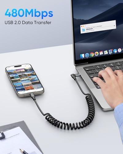 SUNGUY Coiled USB C to USB-C Cable 4FT, [2-Pack] Right Angle 90 Degree USBC to USBC Android Auto Carplay Cord for Car, for iPhone 16 15 Pro/Pro Max, Galaxy S24 S23 S22 (Grey) – Enhanced Compatibility and Speed