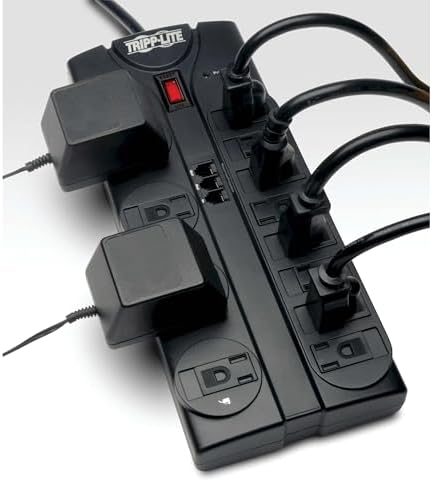 Tripp Lite 12-Outlet Surge Protector Power Strip with 8 ft Cord and Right-Angle Plug – Advanced Protection for Modems, Telephones, Coaxial & Ethernet Devices – $250,000 Equipment Insurance Included – Optimize Your Workspace with Reliable Surge Defense and Enhanced Connectivity Solutions