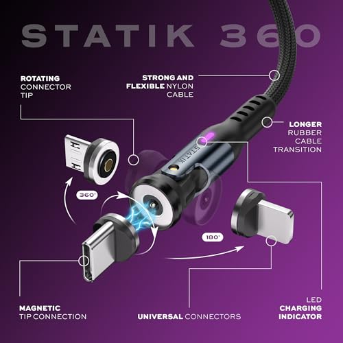 Enhance Your Charging Efficiency with the Statik 360 Magnetic 3-in-1 Cable – Versatile 6 FT Length, Rapid 3 A Power Delivery, Glo Bright Indicator for Effortless Low-Light Connectivity and Universal Device Compatibility