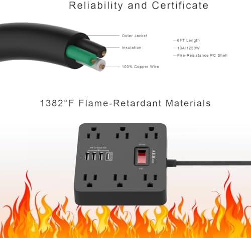 AHRISE Multi-Device Power Strip with 6 AC Outlets & 4 Fast USB Charging Ports – 5 ft ETL Certified Extension Cord for Home, Office, Travel & Cruise – Efficient Charging for Smartphones, Tablets & More – Compact & Durable Design
