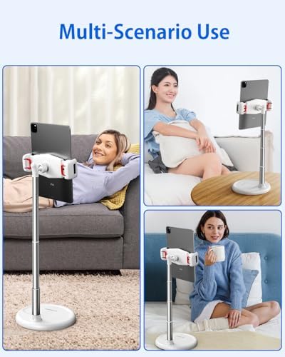 Versatile Adjustable Tablet Floor Stand Holder: 360° Rotatable Design for All Devices (4″-12.9″) – Height Adjustable (12-34.6 inches) with Sturdy Base – Ideal for i Pad, i Phone, Kindle, Switch – Sleek White Finish for Modern Home or Office Use – Enhance Your Productivity and Entertainment Experience
