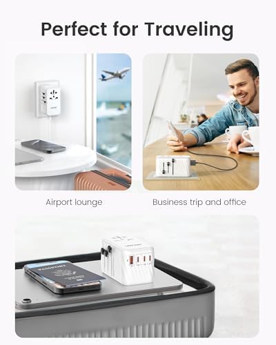 LENCENT 85 W Universal Travel Adapter with Retractable USB-C Cable – High-Speed International Plug Converter Featuring 3 Type-C & 1 USB-A Ports for Effortless Worldwide Charging – Your Ultimate Travel Essential for Maximum Compatibility, Fast Charging, and Ga N Technology Efficiency