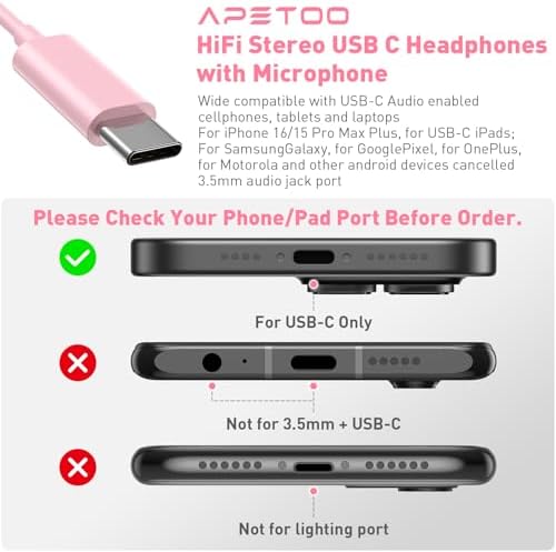 Elevate Your Audio Experience with Pink USB-C Wired Earbuds – Hi-Fi Stereo Sound with Built-in Microphone, Volume Control & Tangle-Free Magnetic Design for i Phone 16/15 Plus & Android Devices – Ideal for Calls, Music, and Podcasts