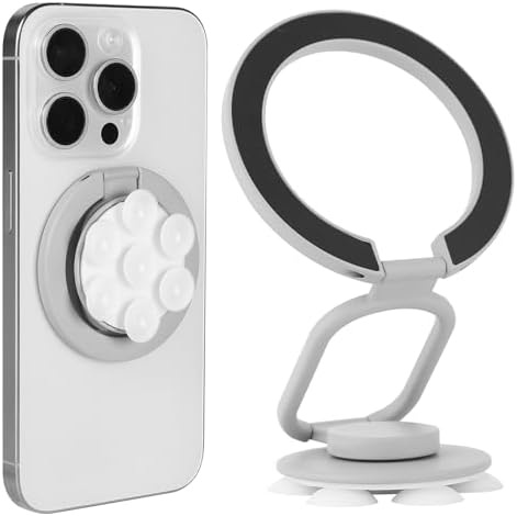 Versatile Magnetic Phone Holder and Multi-Function Stand with Suction Cup and Ring Grip – Perfectly Compatible with i Phone 16/15/14/13/12 Models and Mag Safe Cases (Elegant Black) – Enjoy Hands-Free Viewing and Enhanced Stability