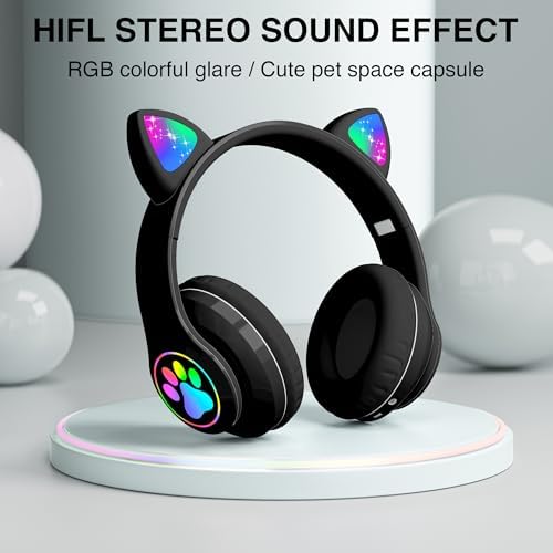 Playful Cat Ear Bluetooth Headphones for Kids – Foldable Over-Ear Design with LED Lights, Safe Listening Volume Control, Built-in Microphone, and Multi-Device Connectivity – Ideal for Music, Movies, and Gaming on i Phones, i Pads, Smartphones, and More!