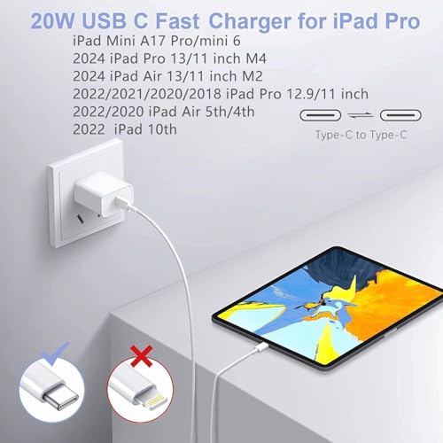 Ultra-Fast 20 W i Pad Power Adapter & 10 FT USB-C Cable Combo – Essential Charger for i Pad Pro, Air, Mini & 10 – Maximize Productivity with Lightning Speed Charging and Extended Flexibility for Apple Devices Experience groundbreaking charging efficiency with our Ultra-Fast 20 W Power Adapter paired with a 10 FT USB-C cable, meticulously designed for seamless compatibility with i Pad Pro (11, 12.9), i Pad Air (5 th/4 th), i Pad Mini 7, and i Pad 10. This compact wall charger delivers rapid power replenishment, ensuring your devices are ready to go in record time. The generous 10 FT cable grants you the freedom to use your i Pad comfortably while charging, whether at home, in the office, or on the move. Crafted from premium materials, this charger is built for long-term durability, making it the ultimate accessory for i Pad users seeking both reliability and performance. Elevate your charging experience today with this indispensable solution that fuses innovative technology with user-centric design.